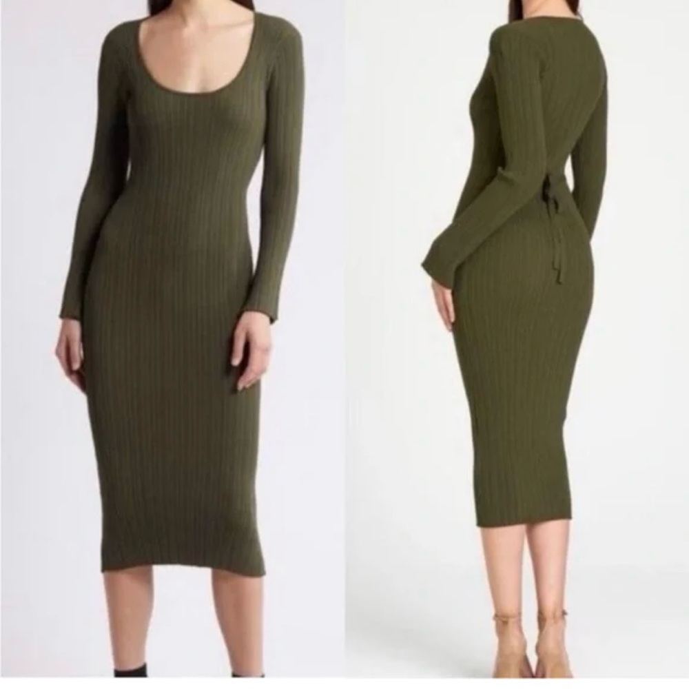 Wayf Olive Green Ribbed Midi Dress